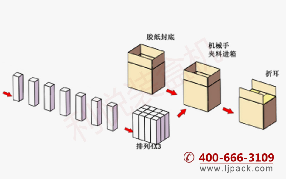 立式自動裝箱機包裝流程示意圖
